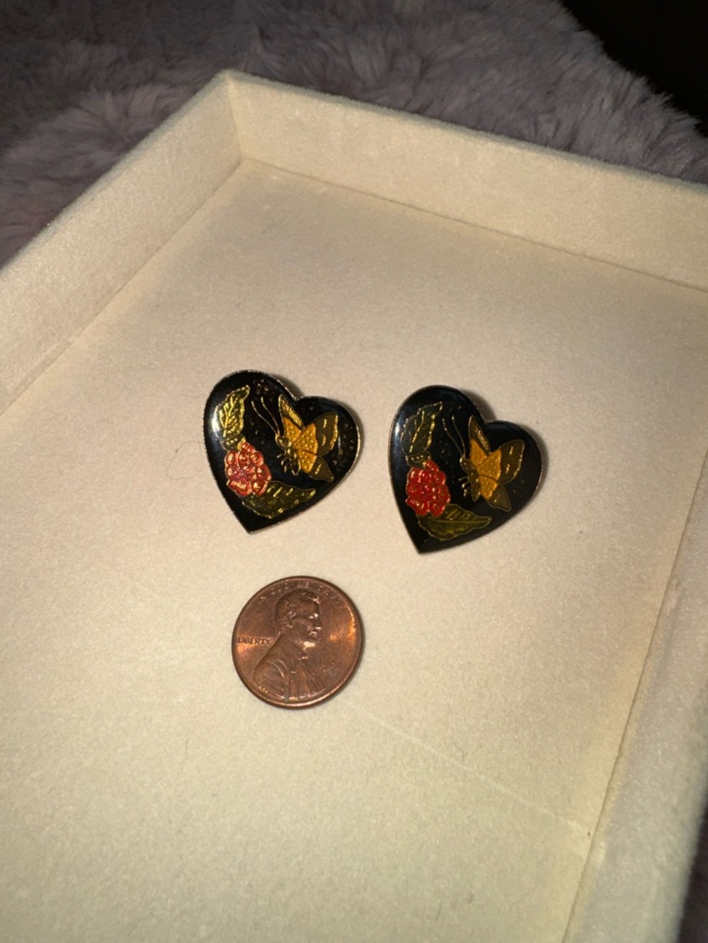 Cloisonné Heart Shaped Butterfly Floral Earrings - Picture 3 of 4